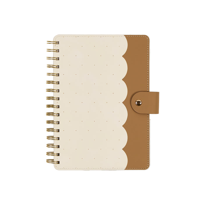2027 Ivory Delicate Dots Customizable Spiral Citrine Planner - Small Professional Layout - 12 Months with ivory scalloped cover and brown snap closure
