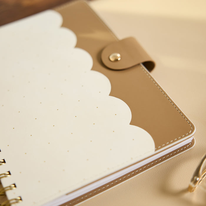 2027 Ivory Delicate Dots Customizable Spiral Citrine Planner - Small Professional Layout - 12 Months with ivory dotted pages, tan cover, scalloped edge, and spiral binding