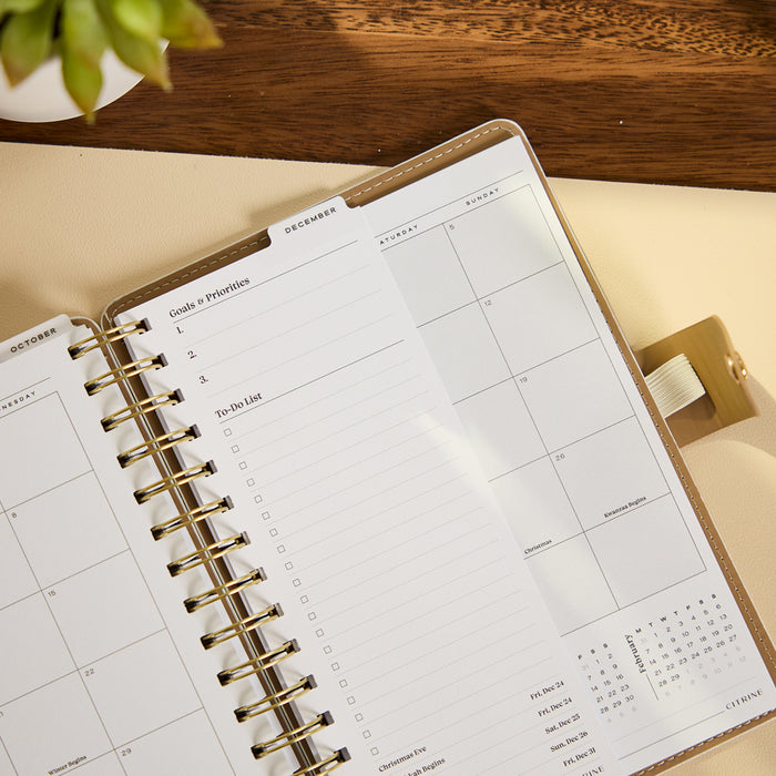 2027 Ivory Delicate Dots Customizable Spiral Citrine Planner - Small Professional Layout - 12 Months open to monthly calendar and daily priorities pages