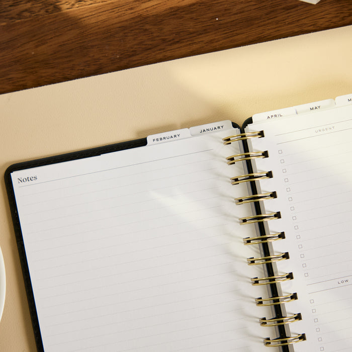 2027 Midnight Micro Dots Customizable Spiral Citrine Planner - Small Professional Layout - 12 Months open spiral planner with lined notes page and monthly tabs