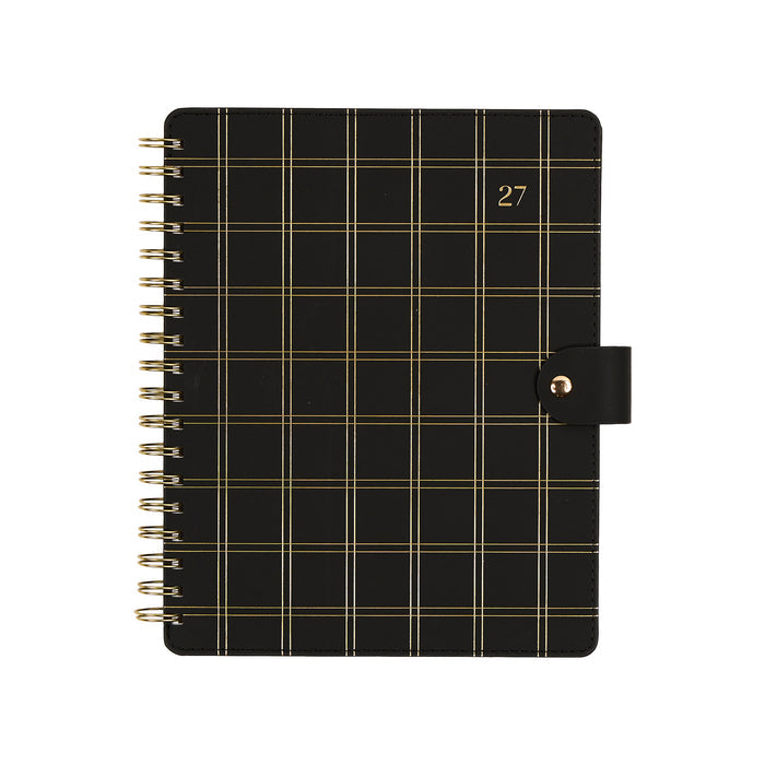 2027 Midnight Plaid Customizable Spiral Citrine Planner - Classic Professional Layout - 12 Months in black and gold plaid with spiral binding and snap closure