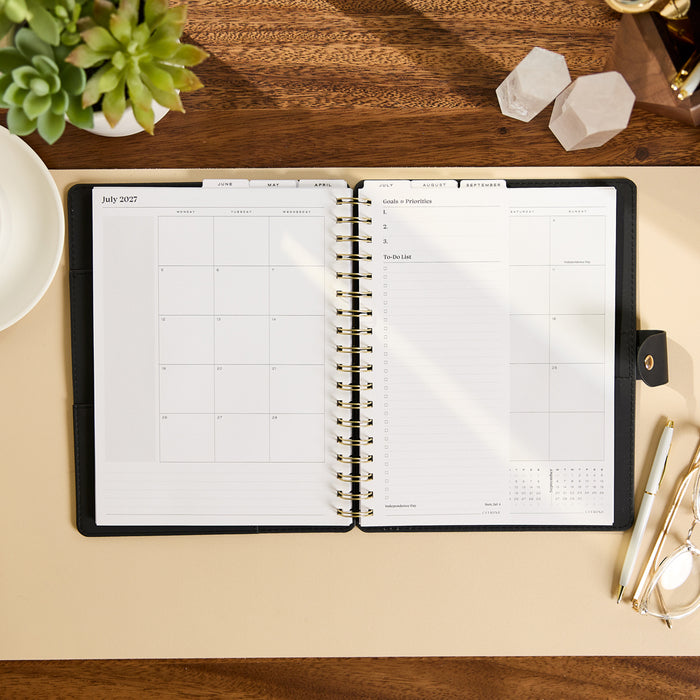 2027 Midnight Plaid Customizable Spiral Citrine Planner - Classic Professional Layout - 12 Months open to July 2027 monthly calendar and notes pages