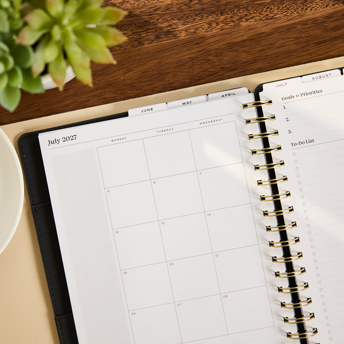 2027 Midnight Plaid Customizable Spiral Citrine Planner - Classic Professional Layout - 12 Months open to July 2027 monthly calendar with goals and priorities page