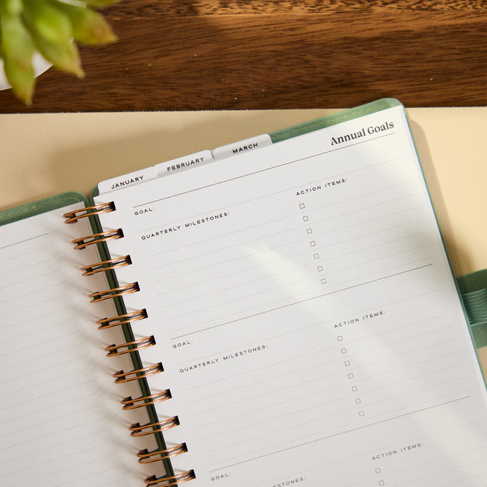 2027 Sage Waves Customizable Spiral Citrine Planner - Small Professional Layout - 12 Months open to an annual goals planning page with monthly tabs and spiral binding