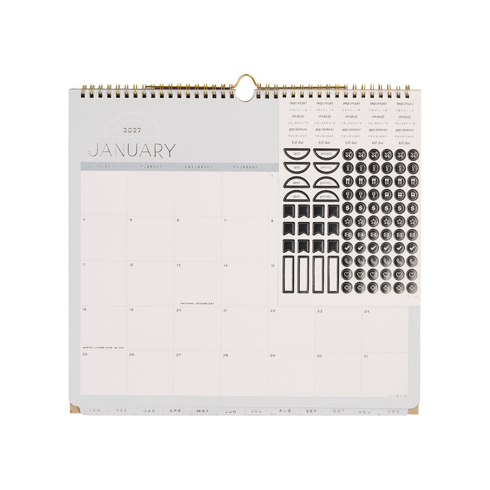 2027 Soft Frame Citrine Wall Calendar - Small - 12 Months opened to January with a monthly grid and coordinating black and white stickers on the right side