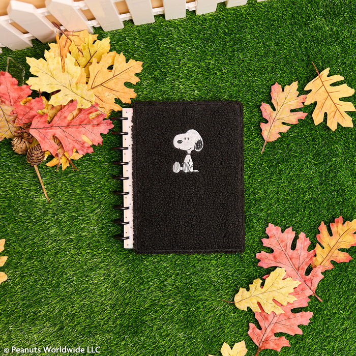 2027 SPECIALTY PEANUTS™ Customizable Planner - Classic Dashboard Layout - 12 Months with black Snoopy cover and disc binding on green grass with autumn leaves