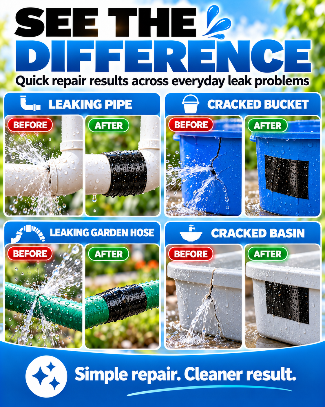 Waterproof Leak Repair Tape, Emergency Seal for Wet Surfaces, Indoor Outdoor Leak Fix for Pipes, Buckets, Hoses, Tents