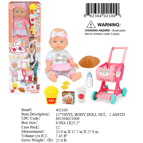8.9X4.1X25.2"12"BABY DOLL & SHOPPING CART SET