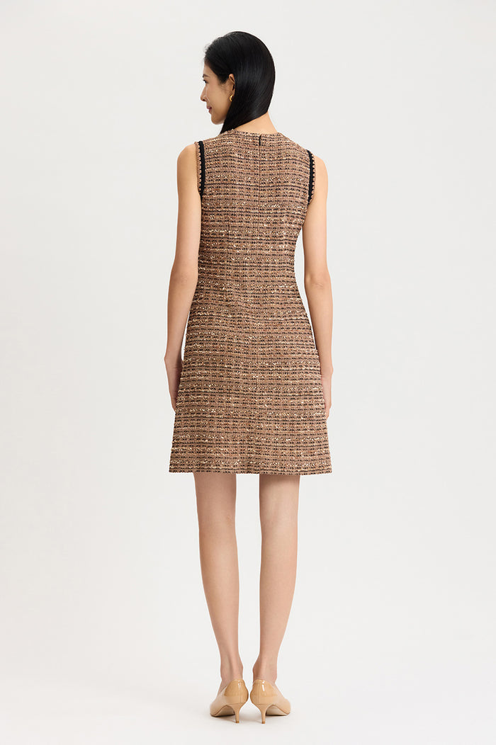 A-Line Eyelash Tweed Knit Dress, Warm Taupe/Black | Ming Wang