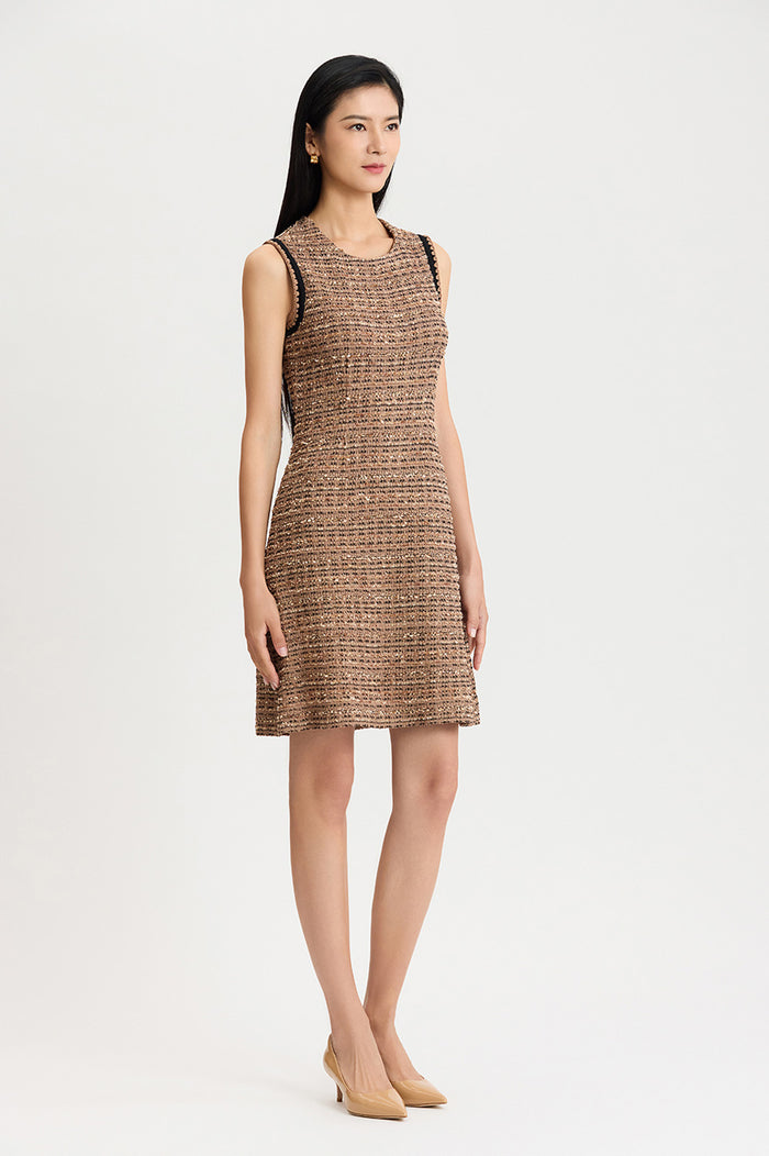 A-Line Eyelash Tweed Knit Dress, Warm Taupe/Black | Ming Wang