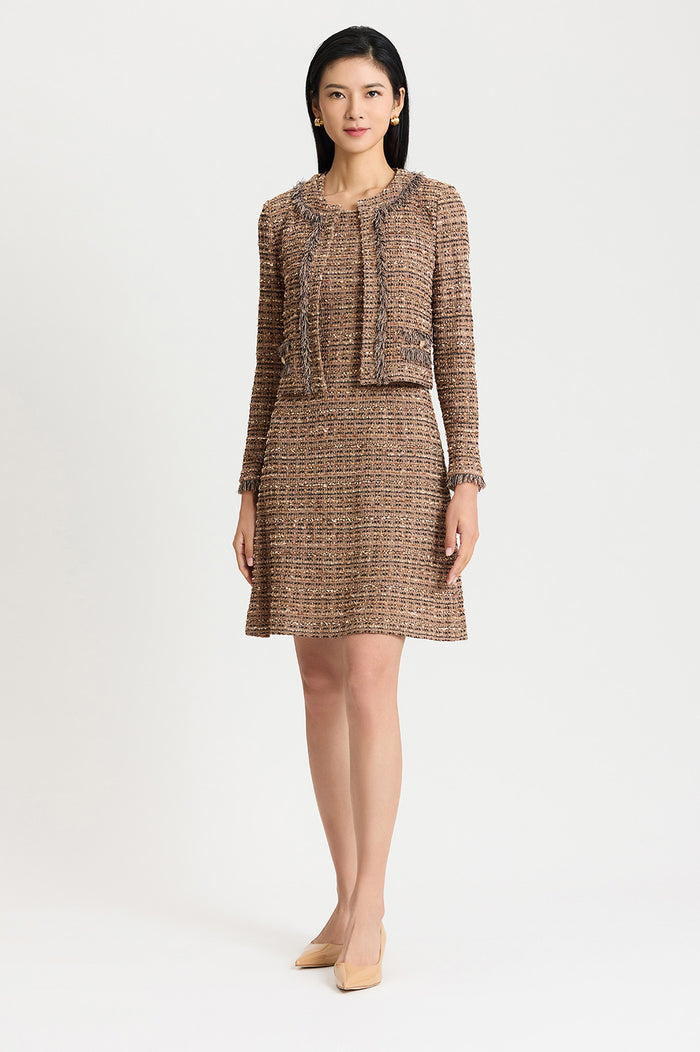 A-Line Eyelash Tweed Knit Dress, Warm Taupe/Black | Ming Wang
