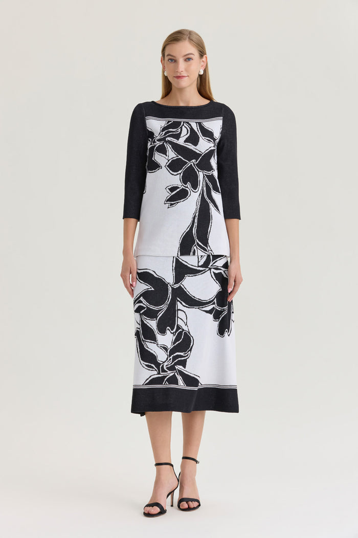 A-Line Floral Jacquard Soft Knit Midi Skirt, Black/White | Ming Wang