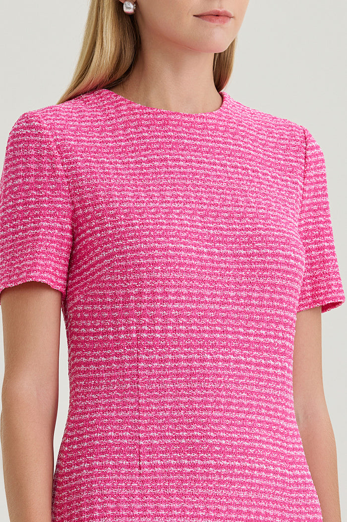 A-Line Tweed Texture Above-The-Knee Dress, Carmine Rose/White | Ming Wang