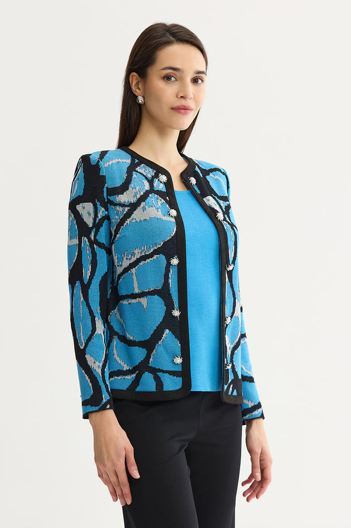 Abstract Jacquard Suede Trim Knit Jacket, Tranquil Blue/Lunar Rock/Black | Ming Wang