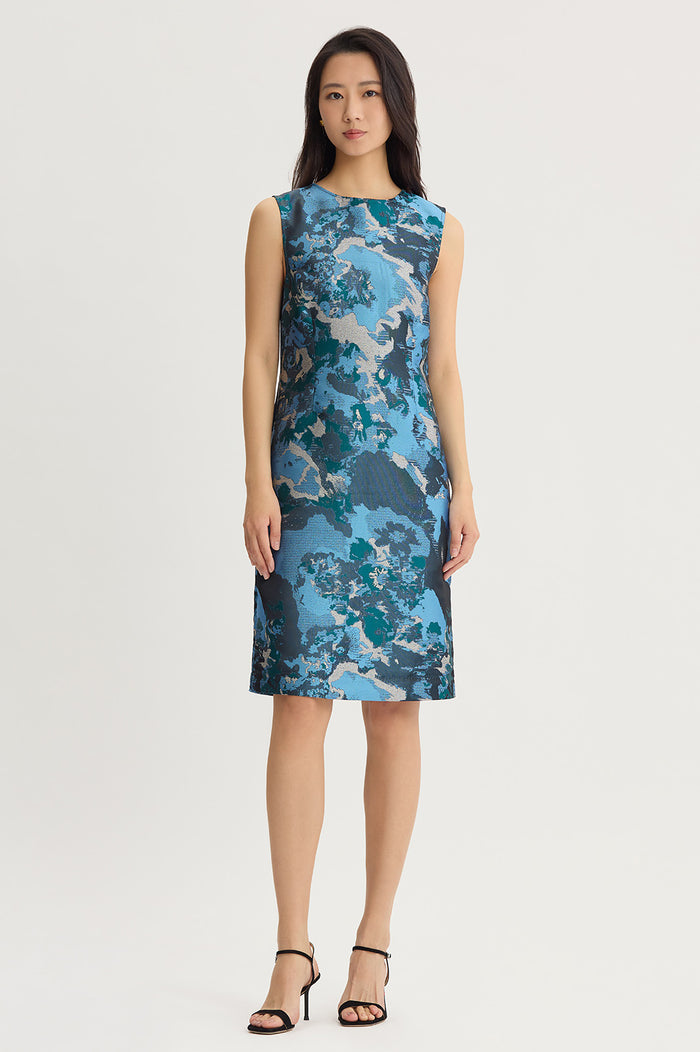 Abstract Jacquard Woven Sheath Knee-Length Dress, Deep Teal/Tranquil Blue/French Almond/Lunar Rock/Black | Ming Wang
