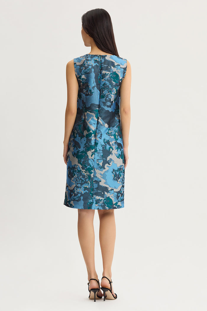 Abstract Jacquard Woven Sheath Knee-Length Dress, Deep Teal/Tranquil Blue/French Almond/Lunar Rock/Black | Ming Wang