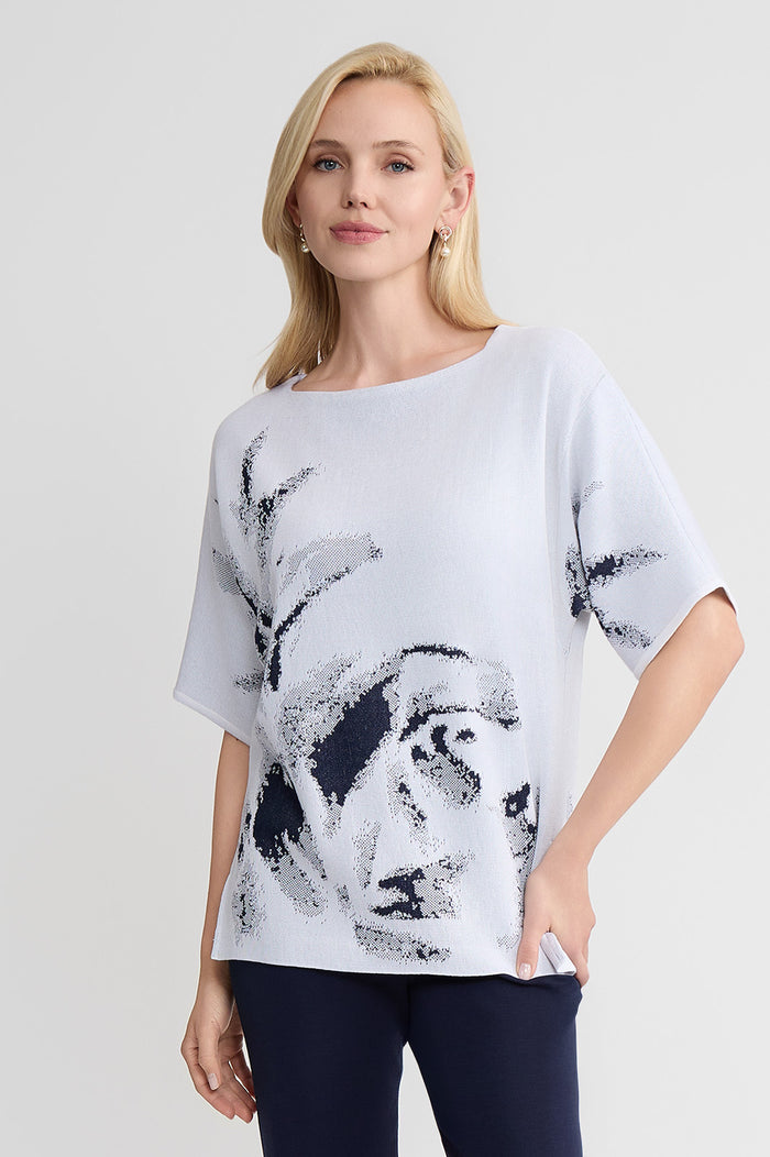 Abstract Print Soft Knit Tunic, White/Indigo | Ming Wang