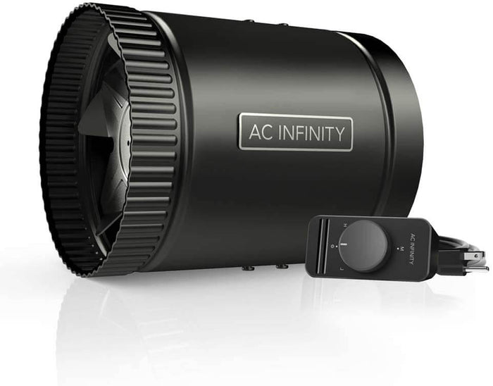 Matte black inline duct fan with AC Infinity logo and wired speed controller with a dial knob.