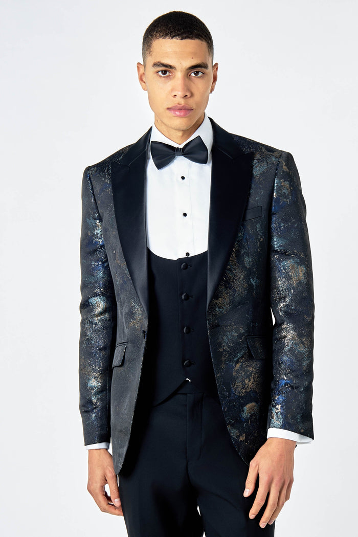 ALINO – BLACK BLUE PRINTED WEDDING TUX 3 PIECE SUIT