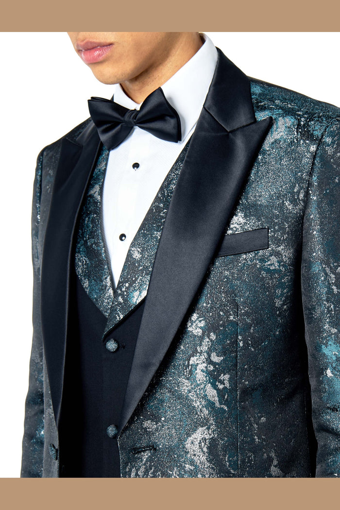 ALINO – GREEN BLACK PRINTED WEDDING PARTY TUXEDO 3 PIECE SUIT