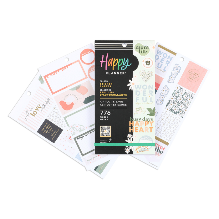 Apricot & Sage Mom - Value Pack Stickers featuring various decorative and functional planner stickers with pastel colors and motivational phrases for Happy Planner journals and disc bound planners.
