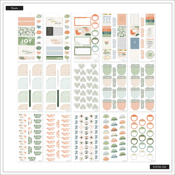 Apricot & Sage Mom - Value Pack Stickers featuring assorted planner and journal stickers with pastel apricot, sage, and neutral tones, including labels, quotes, and decorative elements for Happy Planner or disc bound planners.