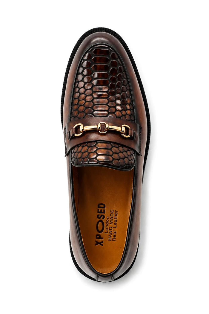 ASCOT Men’s Brown Snake-Effect Leather Snaffle Loafers