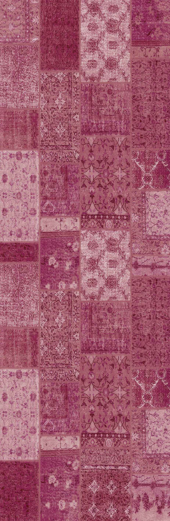 The Berry Patchwork - Washable Rug - JRN1040 features a vintage-inspired patchwork of pink and mauve rectangles and squares, perfect for high-traffic areas and adding charm to any space.