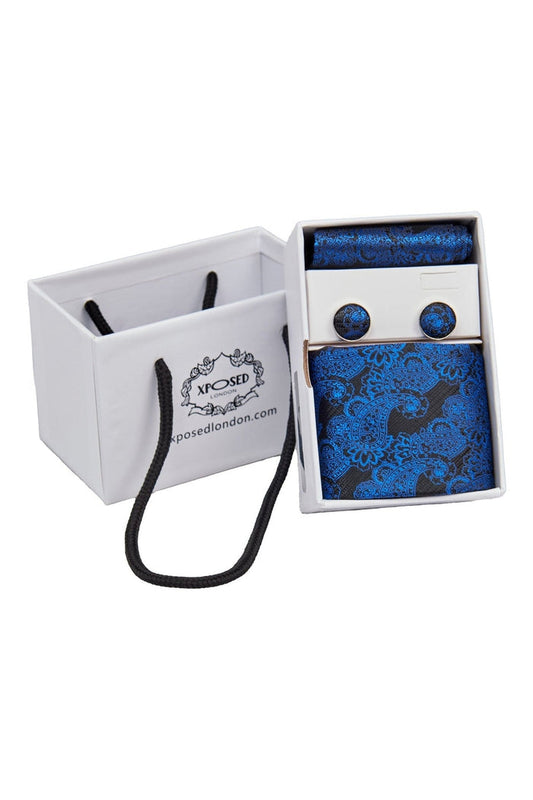 BLACK BLUE FLORAL PAISLEY NECK TIE SET