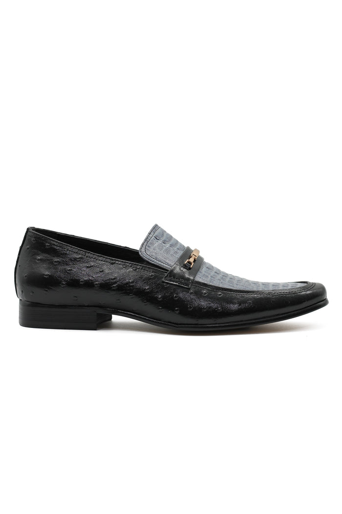 BLACK & BLUE LEATHER CROC PRINT LOAFERS