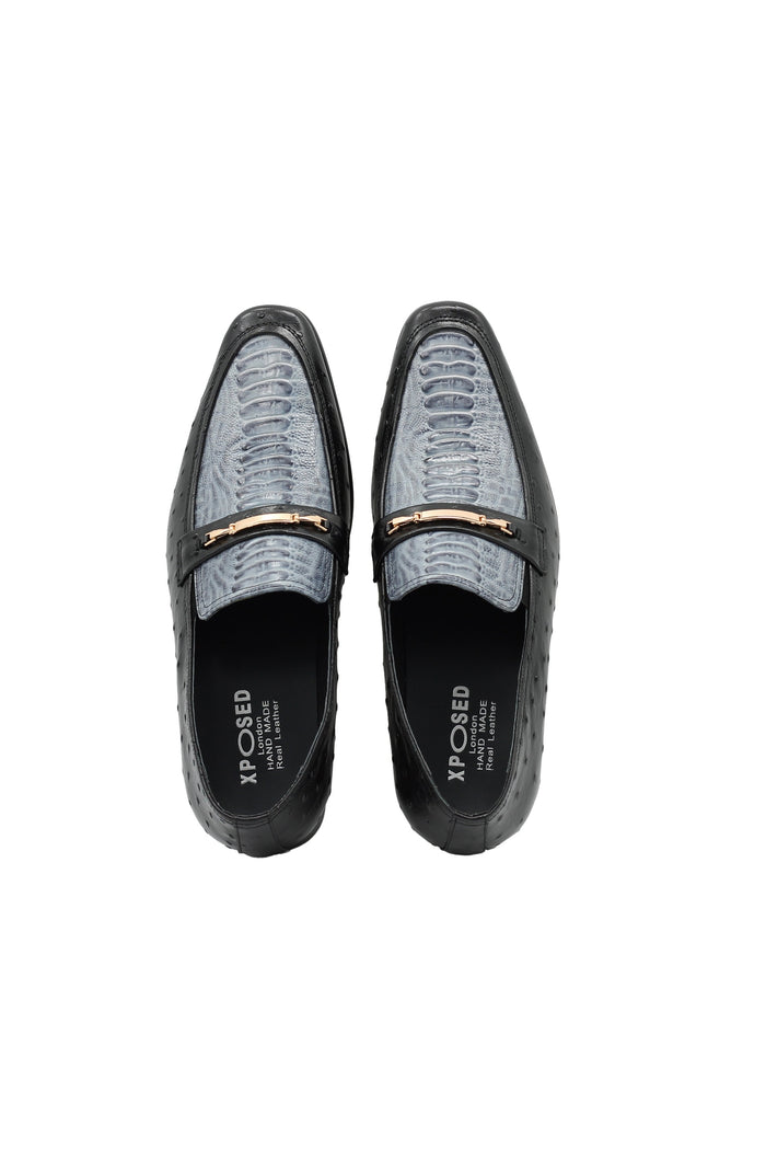 BLACK & BLUE LEATHER CROC PRINT LOAFERS