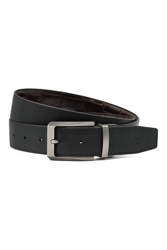 BLACK & BROWN CROC PRINT LEATHER REVERSIBLE BELT