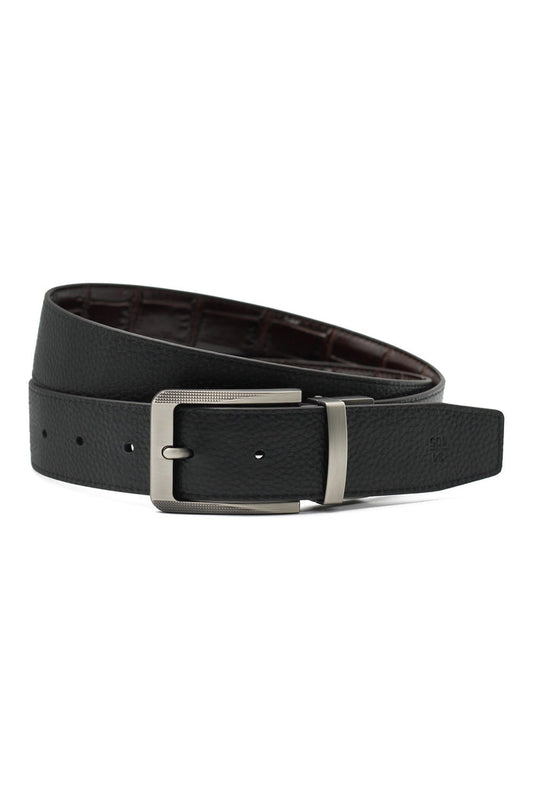 BLACK & BROWN CROC PRINT LEATHER REVERSIBLE BELT