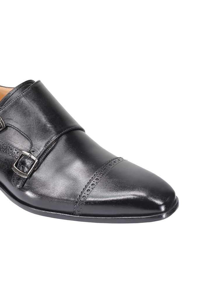 BLACK CALF LEATHER SEMI BROGUE MONK SHOES