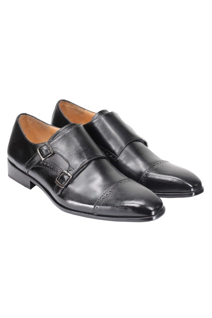BLACK CALF LEATHER SEMI BROGUE MONK SHOES