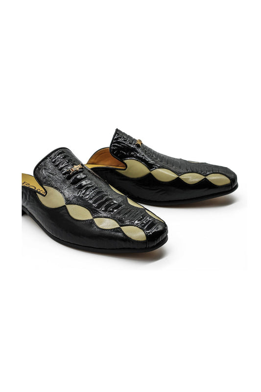 Black Cream Real Leather Half Shoes Detailed Printed