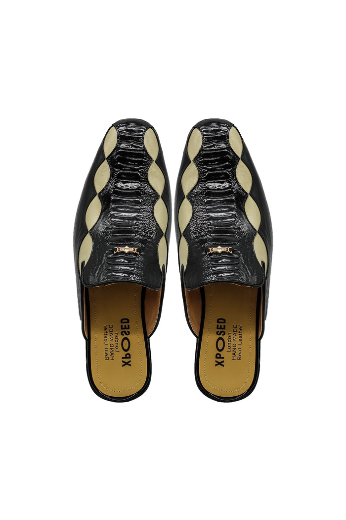 Black Cream Real Leather Half Shoes Detailed Printed
