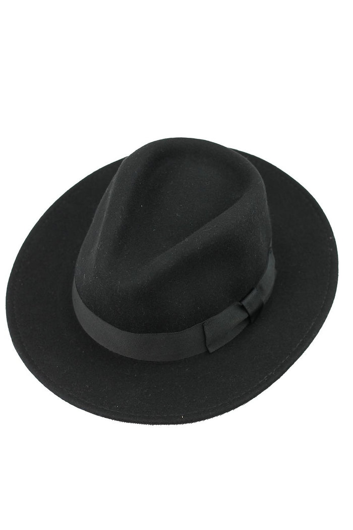 Black Crushable Fedora 100% Wool Wide Brim Hat