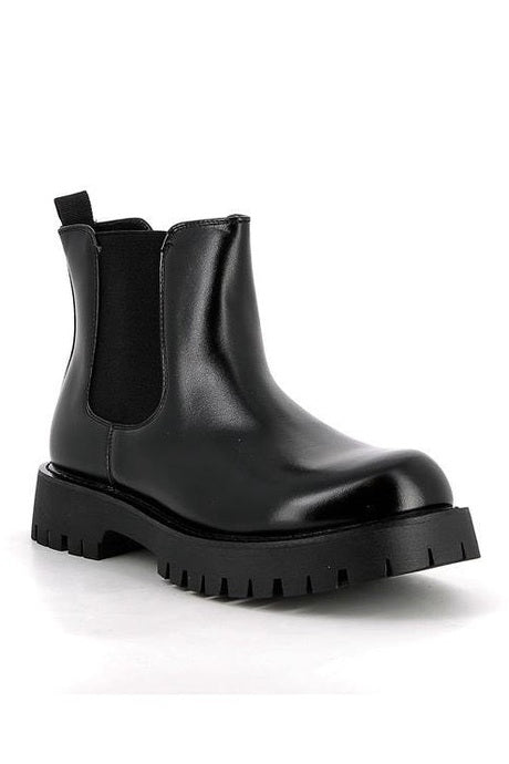 Black Faux Leather Chelsea Boots Chunky Cleated Sole