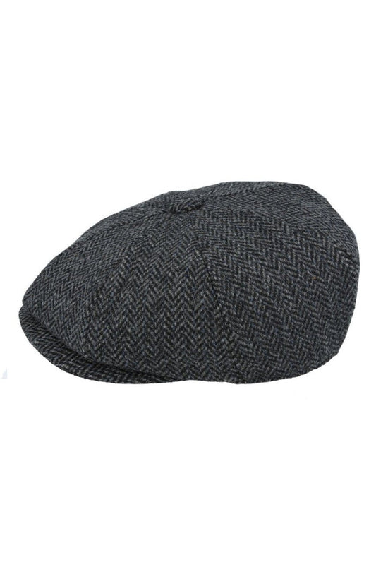 BLACK Gatsby Herringbone Wool Newsboy Flat Cap