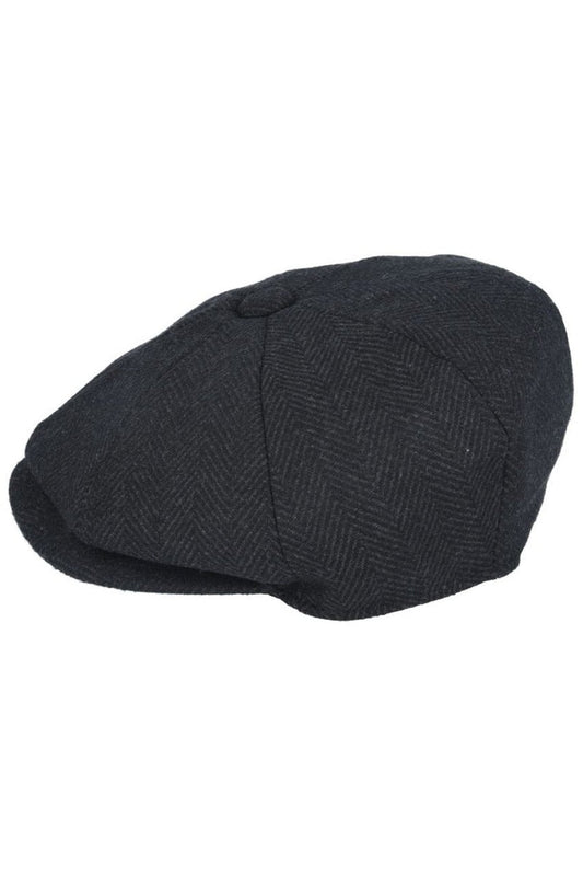BLACK HERRINGBONE WOOL BLEND NEWSBOY FLAT CAP