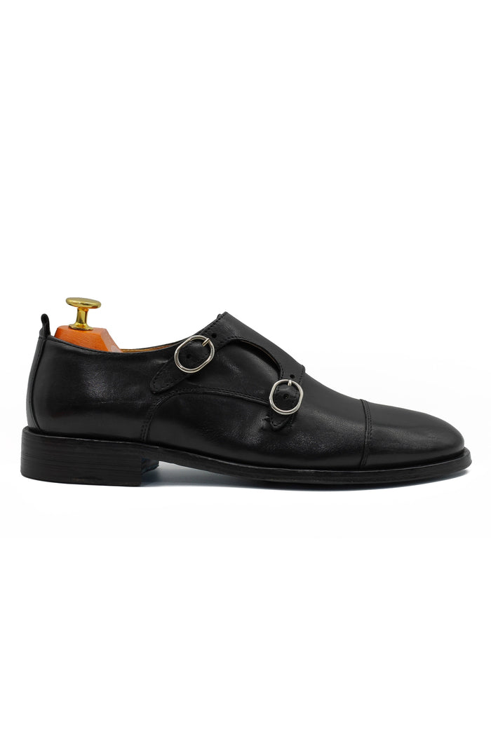 BLACK ITALIAN CALFSKIN DOUBLE BUCKLE MONK LOAFER