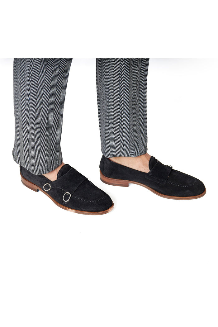 BLACK ITALIAN SUEDE DOUBLE BUCKLE MONK LOAFER