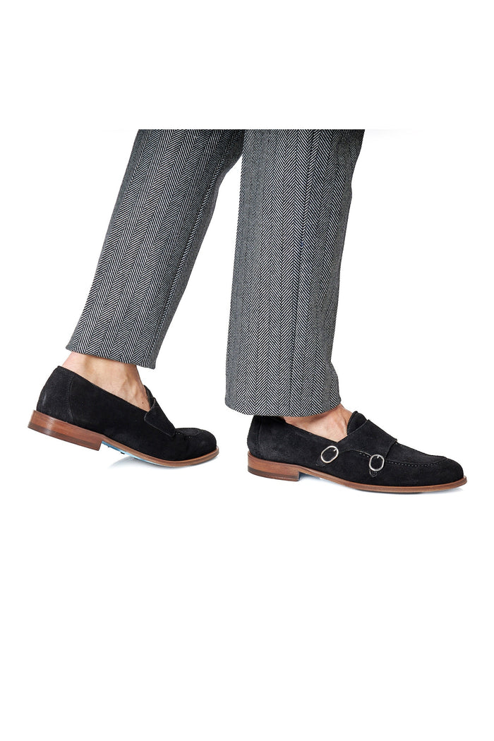BLACK ITALIAN SUEDE DOUBLE BUCKLE MONK LOAFER