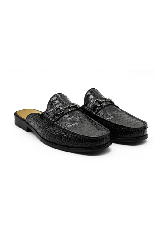 Black Leather Backless Mules Half Shoes