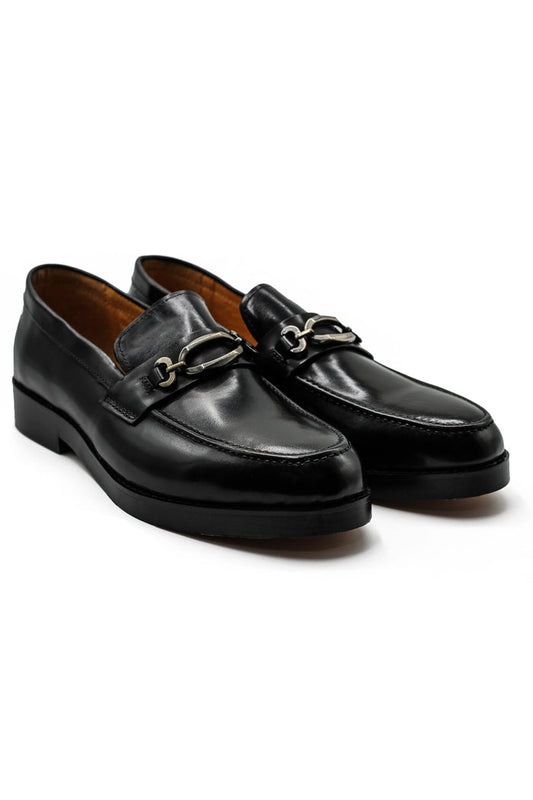 Black Leather Slip-on Loafers with Snaffle Buckle