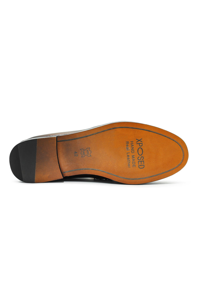 Black Leather Slip-on Loafers with Snaffle Buckle
