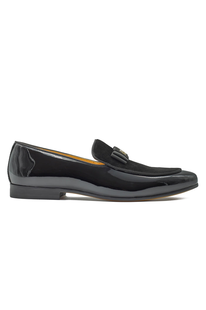 BLACK LEATHER SUEDE BELGIAN BOWTIE LOAFERS