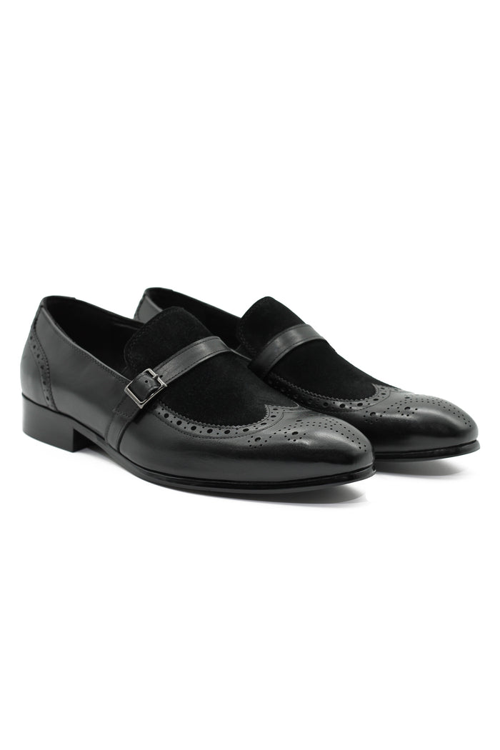 BLACK LEATHER & SUEDE MONK STRAP BROUGES