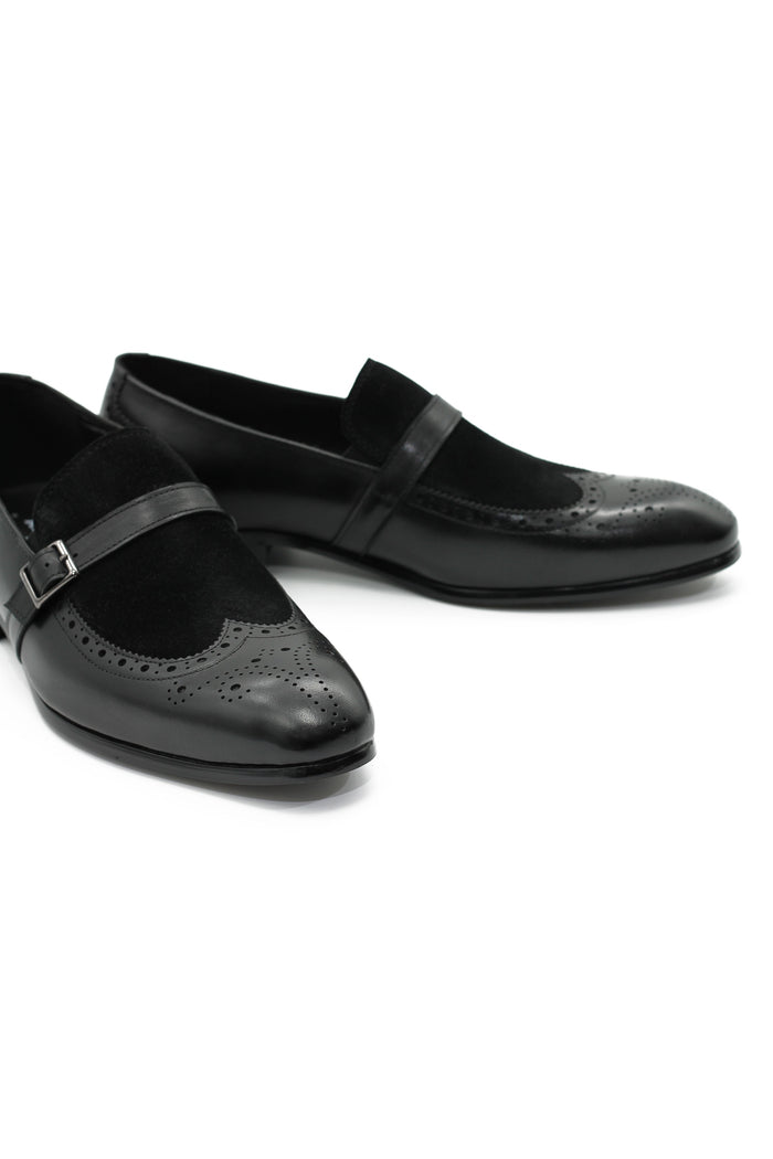 BLACK LEATHER & SUEDE MONK STRAP BROUGES